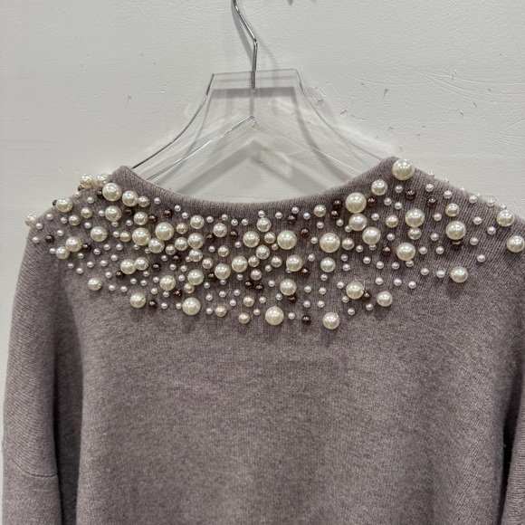 Anthropologie Moth Cardigan Sweater Pearl Neck Taupe Grey Alpaca Wool Large - Picture 10 of 11